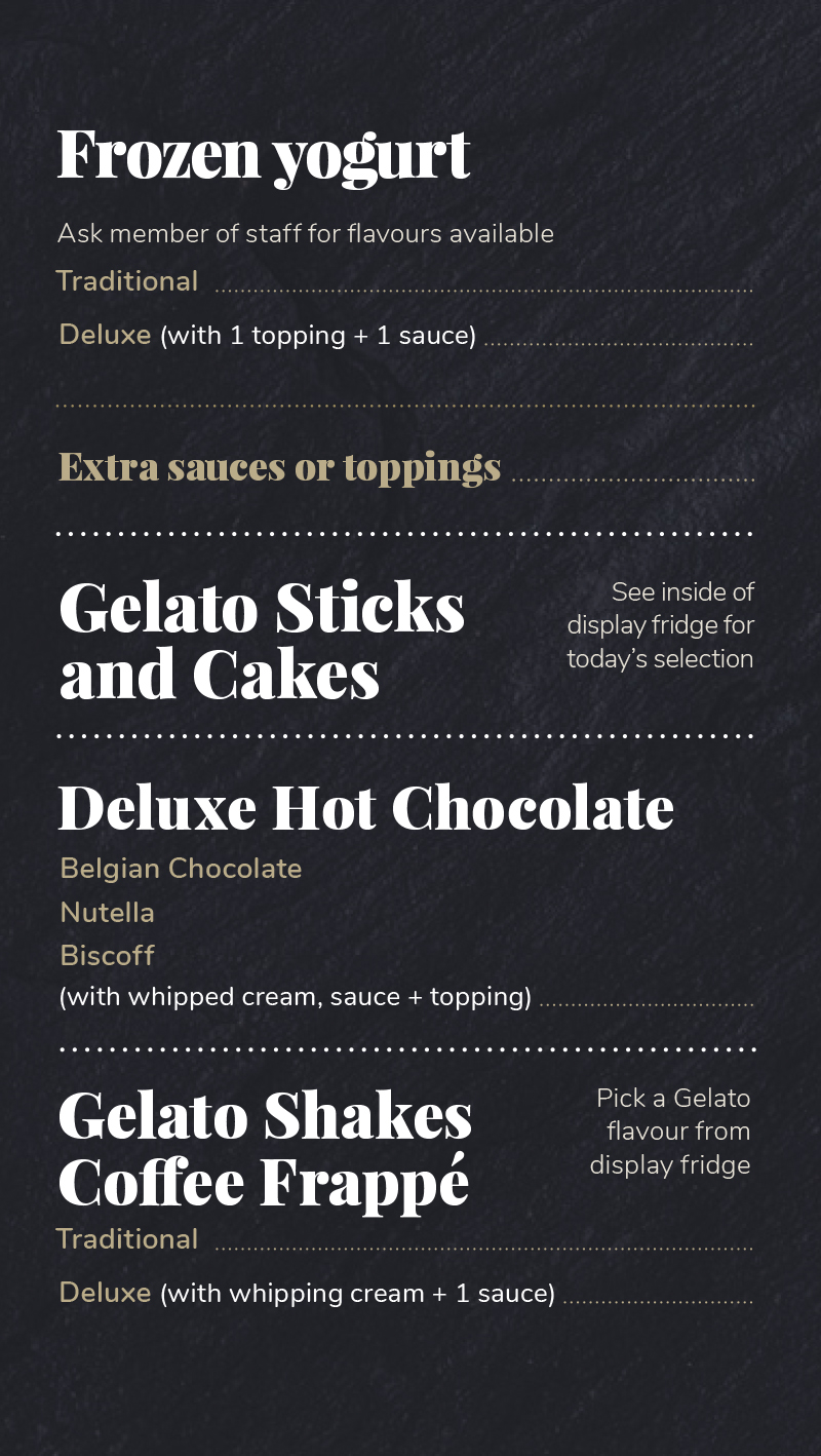 menu - Frozen yogurt | Bites | Gelato Sticks | Cakes